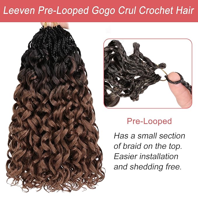 Leeven 10 Inch Pre Looped Gogo Curl Crochet Hair 8 Packs Black to Brown 2 Tone Short Curly Crochet Hair Ocean Wave Crochet Braids Deep Twist Boho Braids Synthetic Hair for Women