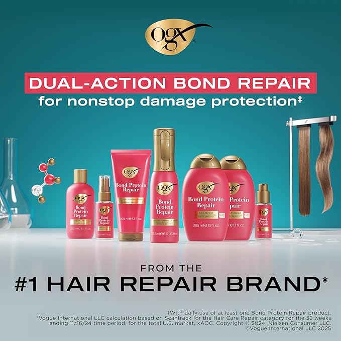 OGX Repair & Protect Bond Protein Repair 450°F Heat Protect Spray, Weightless Repair Mist for Nonstop Damage Protection* for All Hair Types, Heat Spray Preps Hair for Styling, 6.5 fl. oz