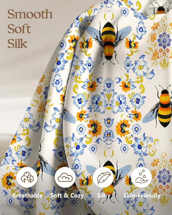 Silk Pillowcase 2 Pack - Pillow Cases 20" x 36" King Size Set of 2 for Hair and Skin Smooth Soft Breathable with Hidden Zipper Cooling Pillow Covers for Sleeping, Flower Bee