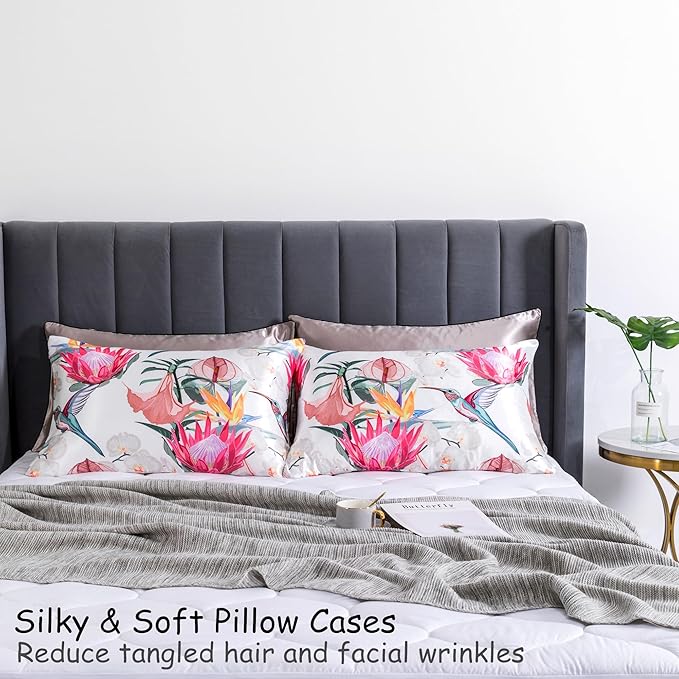 Satin Pillowcase for Hair and Skin, Soft and Cooling Similar to Silk Pillow Cases 2 Pack with Envelope Closure Standard Size Satin Pillow Covers, Gifts for Women(20"x26", Floral Bird)