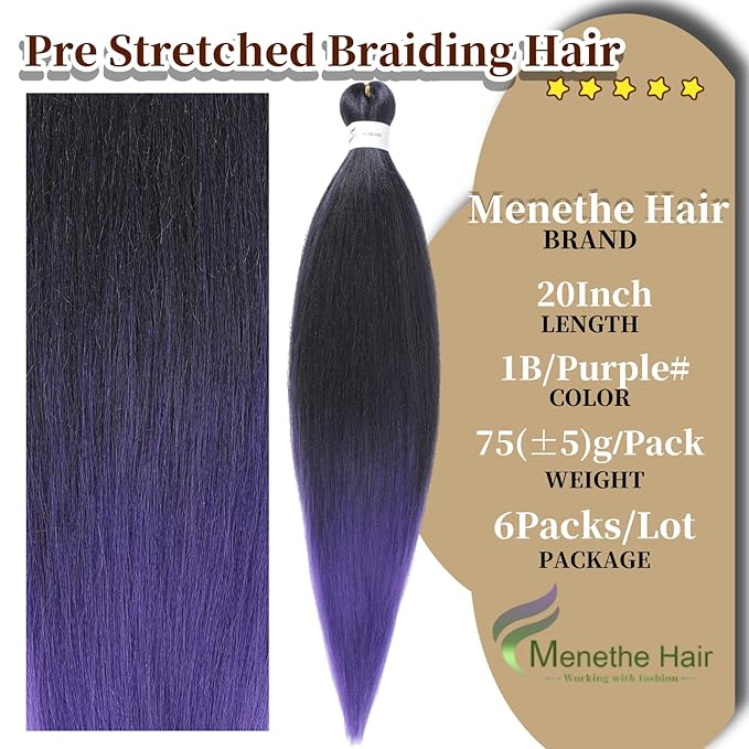 Pre-stretched Braiding Hair 20 Inch Pre Stretched Braiding Hair Professional Hair Extension,Ombre Black To Purple Hot Water Setting Perm Yaki Synthetic Hair For Twist Braids(20Inch,1B/Purple#)