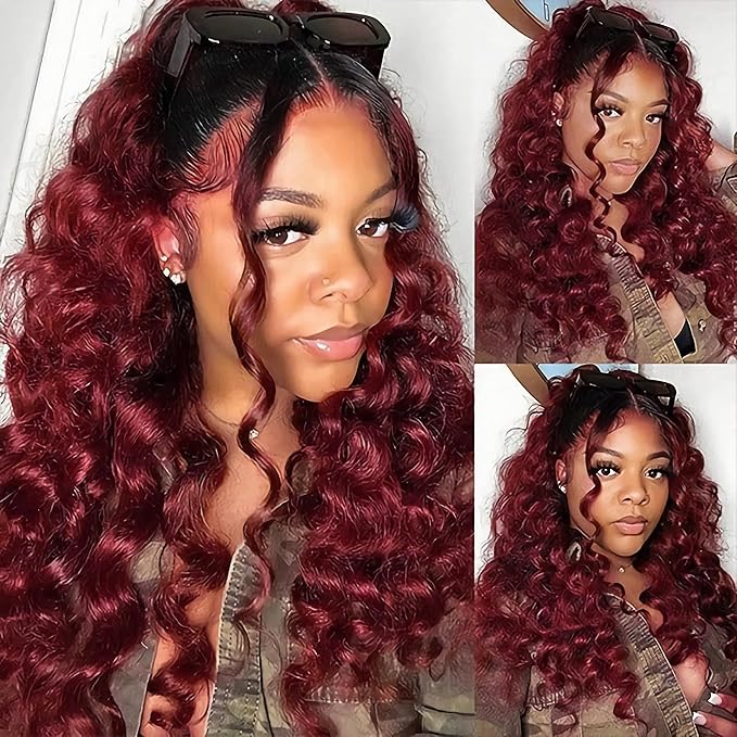 Loose Wave Bundles With Closure Burgundy Color Human Hair Loose Deep Wave Brazilian Virgin Hair 3 Bundles With 4x4 Lace Closure 1B99j Ombre Human Hair Bundles 70g/Bundle (24 26 28+22)