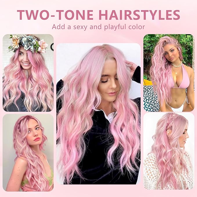 ALXNAN Clip in Long Wavy Synthetic Hair Extension 24 Inch Blonde Pink 4PCS Thick Hairpieces Fiber Double Weft Hair for Women