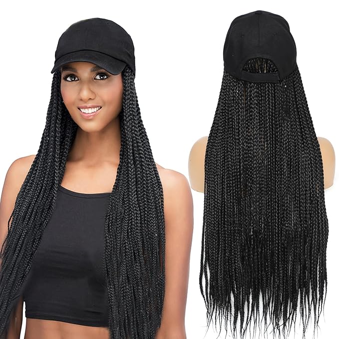 Hat Wig for Women Baseball Cap with Braided Hair Attached Synthetic Black Box Braid Wig Hat Adjustable Cap with Braids for Daily Outdoor Use (B-Black)