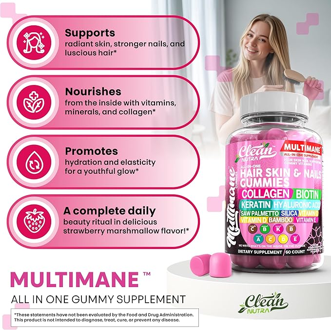 Clean Nutraceuticals Biotin Collagen Keratin Gummies | Hair Skin and Nails Vitamins for Women | Hyaluronic Acid Bamboo Vitamin A C D3 E Folate with Saw Palmetto Silica B3 B12 Vegan Gummy