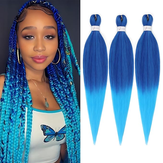 Umylar Hair Extensions 16 '' Pre Stretched Crochet Braids Hair Hot Water Setting Synthetic Hair(3 Packs,Dark Blue/Light Blue#)
