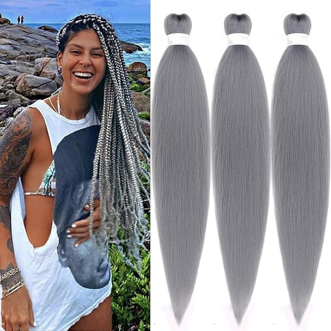 Grey Braiding Hair Pre Stretched 30 inch Kanekalo Gray Braiding Hair Extensions for Braiding Box Braids Jumbo Synthetic Long Micro Yaki Kids Knotless Pre Stretched Braiding Hair 3 pack