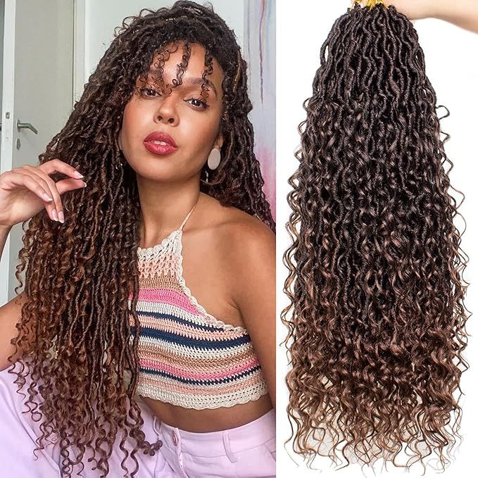 COOKOO 24 Inch 8 PCS Pre-Curled Goddess Faux Locs Crochet Hair With Curly Ends - Bohemian River Locs Braids for Women, Ombre Brown Hippie Synthetic Crochet Braids T30#