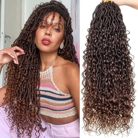 COOKOO 24 Inch 8 PCS Pre-Curled Goddess Faux Locs Crochet Hair With Curly Ends - Bohemian River Locs Braids for Women, Ombre Brown Hippie Synthetic Crochet Braids T30#