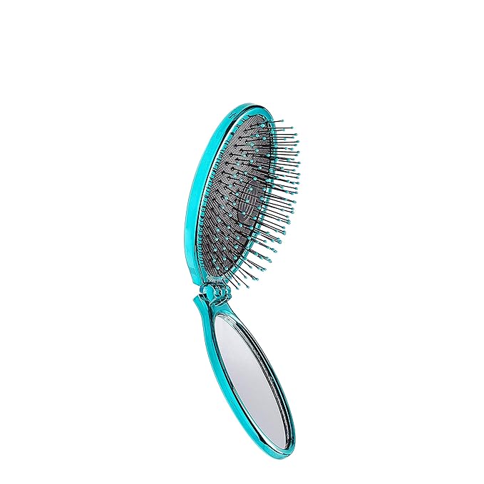 Wet Brush Pop Go Detangler, Blue Teal - Foldable, On-The-Go Design, Travel Brush, Ultrasoft IntelliFlex Bristles, Detangling Hairbrush, Built-In Mirror Handle, Wet & Dry, All Hair Types