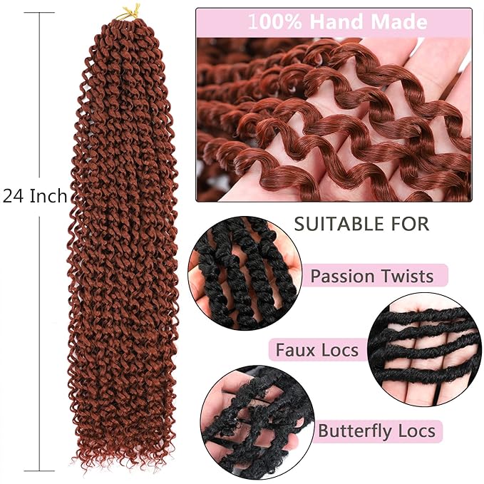Passion Twist Hair Copper Red 24 Inch 8 Packs Water Wave Crochet Hair For Women Curly Braiding Hair Long Spring Twist Hair Crochet Braids Synthetic Hair Extension (24 Inch (Pack of 8), 350#)