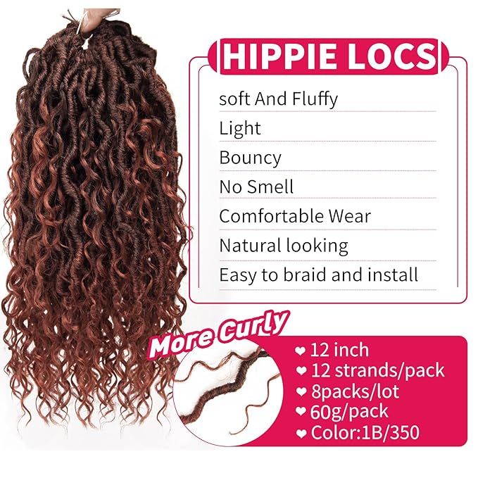 8Packs Goddess Locs Crochet Hair 12Inch Boho Faux Locs,Crochet Loc With Curly Ends River Hippie Bohemian Loc Crochet Hair for Black Women(1B/350, 12inch(Pack of 8))