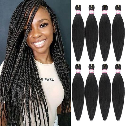 Pre-Stretched Braiding Hair Extensions Black-16 Inch 8 Packs Synthetic Braiding Hair Crochet Braids, Natural Easy Braid Crochet Hair, Hot Water Setting Professional Soft Yaki Straight Texture (#1B)