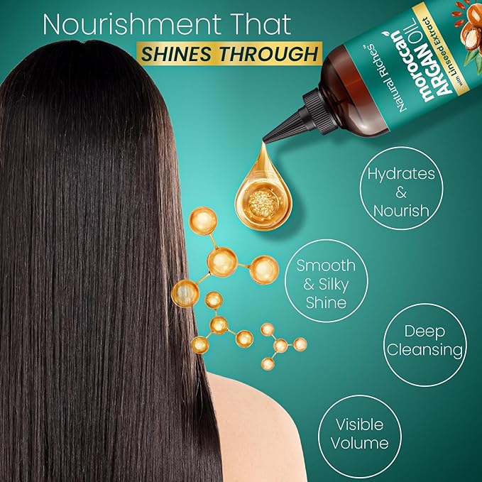 Natural Riches Moroccan Argan Oil for Hair Treatment with Linseed Extract – Smooths Frizz, Detangles, Conditions & Boosts Shine – Deep Hydration for Dry, Damaged, Curly & Color-Treated Hair – 8 fl oz