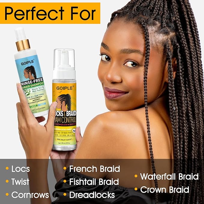 Braid Foam Control Mousse Braiding Mousse No-Water Braid Shampoo for Braids, Twist, Locs - Hair Foaming No Flake Extra Hold - Rinse-Free Dreadlock Shampoo for Build-Up, Odor, Itch & Flakes(2PCS)
