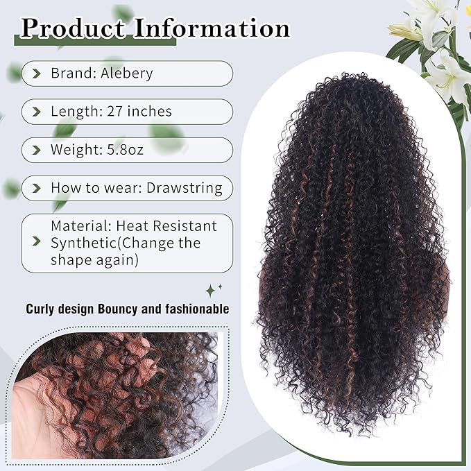 27 Inch Drawstring Ponytail Extension for Black Women Deep Curly Ponytail Extension Synthetic Mixed with Human Hair Hairpieces Afro Kinky Curly Pony Tail for Daily Use (Brown Highlight)