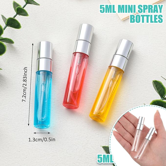 Zhehao 50 Pcs Mini Spray Bottles 5 ml Clear Glass Perfume Bottles Refillable Fine Mist Perfume Atomizer Portable Empty Sample Containers for Cleaning, Essential Oils, Travel (Silver Cap)
