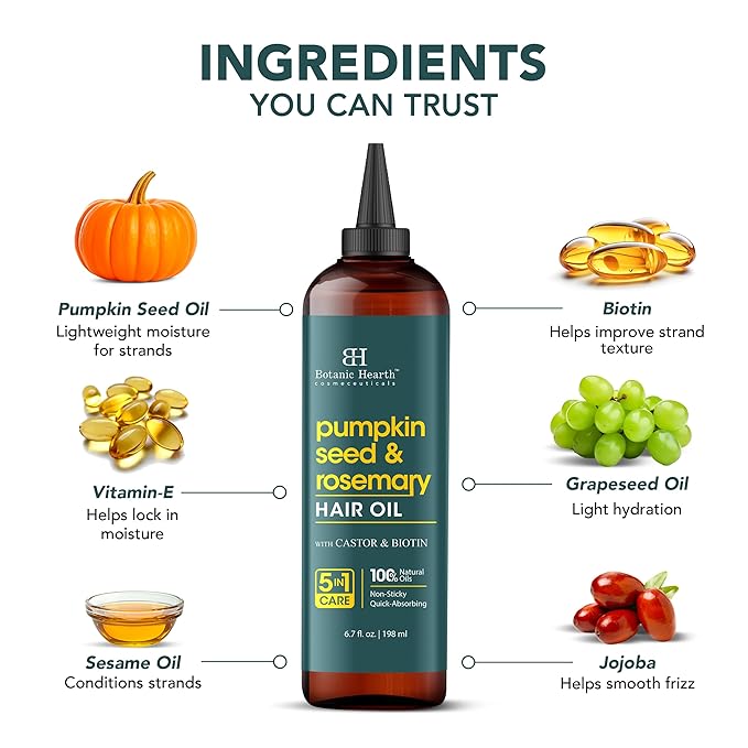 Botanic Hearth Hair Oil for Hair Growth & Hair Relaxer | Strengthening Dry, Frizzy, Damaged Hair & Scalp Treatment | Rosemary & Pumpkin Hair Oil – 6.7 Fl Oz