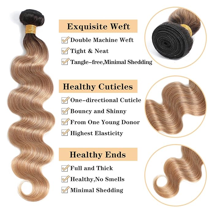 12A Ombre Body Wave Bundles Human Hair with Closure (T1B/27,16 18 20+14") 100% Unprocessed Virgin Brazilian Ombre Highlight Body Wave Human Hair Weave 3 Bundles with Closure