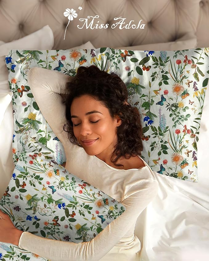 Silk Pillowcase 2 Pack - Pillow Cases 20" x 30" Queen Size Set of 2 for Hair and Skin Smooth Soft Breathable with Hidden Zipper Cooling Pillow Covers for Sleeping, Butterfly Plant
