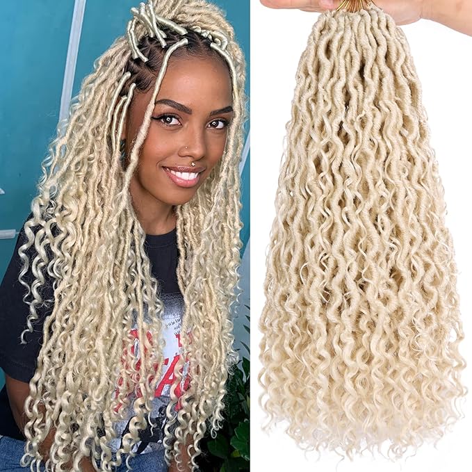 COOKOO Blonde Goddess Locs Crochet Hair for Women 18 Inch 8 Packs Pre-looped Faux Locs Crochet Hair River Locs Crochet Hair with Curly Ends Boho Hippie Locs Crochet Braids Synthetic Hair 613#