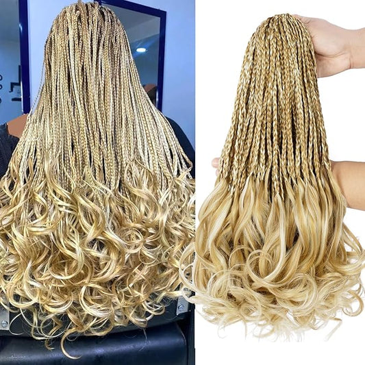French Curl Crochet Braids 12 Inch Goddess Box Braids Crochet Hair Pre Looped Crochet Box Braid with Curly Ends Synthetic French Curly Braiding Hair Extensions 8 Packs P27/613