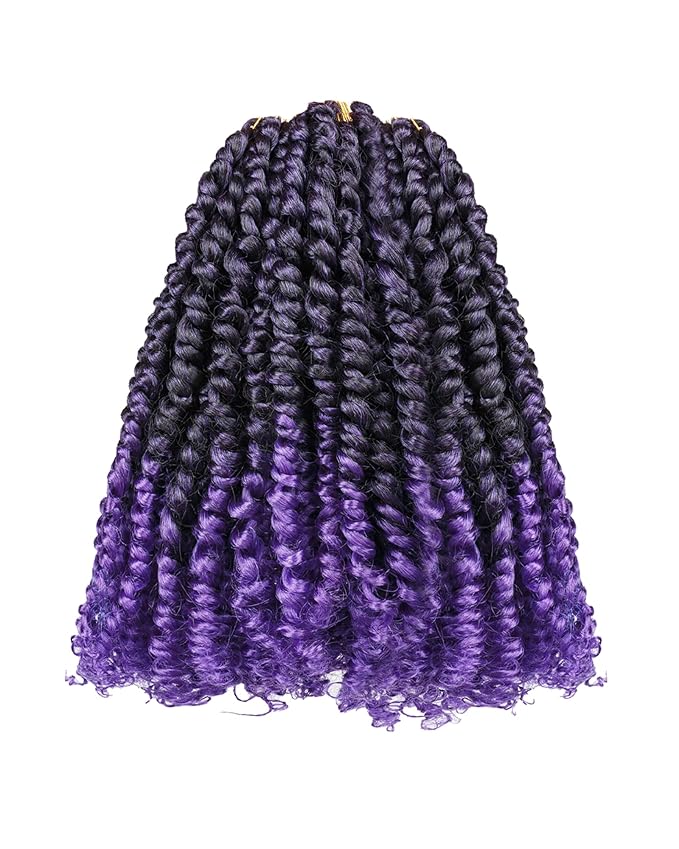 Passion Twist Crochet Hair for Black Women and Kids-10 Inch 7 Packs Pre Looped Pretwisted Ombre Purple Crochet Hair,Soft Hair Extensions Braided by Spring Kinky Twist Bohemian Curl(T1B/Purple)