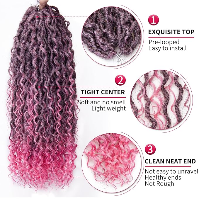 Goddess Locs Crochet Hair 18Inch Crochet Locs,Boho Faux Loc With Curly Ends Pink Crochet Hair Pre-looped River Hippie Bohemian Loc Crrochet Hair for Black Women 4Packs(1B/Pink, 18inch)