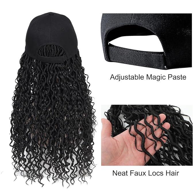 Braided Baseball Cap Wig Faux Locs Curly Braid Hair Extensions with Hat Black Color Synthetic Cap Wig with 18inch Long Locs Braiding Hair wig for Women (18inch 1B)