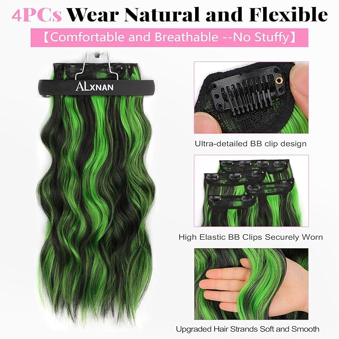 ALXNAN Clip in Long Wavy Synthetic Hair Extension 20 Inch Black Mix Green Highlights 4PCS Thick Hairpieces Fiber Double Weft Hair for Women
