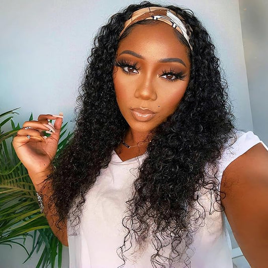 Headband Wig Human Hair Deep Wave 24 Inch Headband Wigs for Black Women Glueless Wear and Go Machine Made Curly Human Hair Headband Wigs