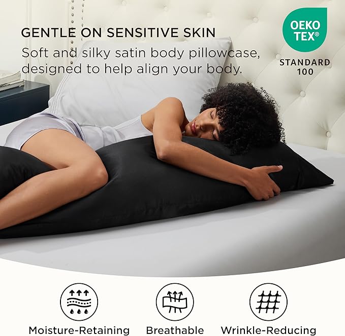Bedsure Body Pillow Pillowcase - Cooling and Silky Long Body Pillow Covers with Envelope Closure, Satin Similar to Silk Pillowcase for Hair and Skin,Black,20x54 Inches