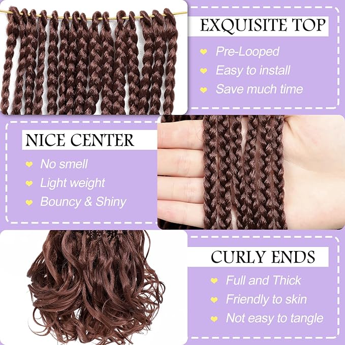 French Curly Braiding Hair Prelooped 18 Inch Dark Auburn Crochet Hair for Women 8 Packs Short Crochet Braids with Curly Ends Synthetic Hair Extension 33#