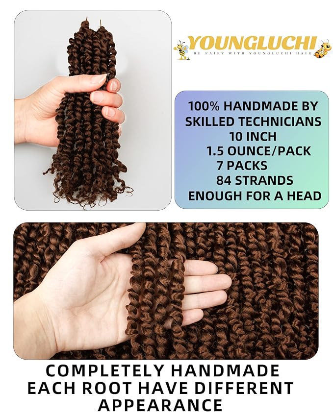 10 Inches 7 Packs Pre Looped Pretwisted Passion Twist Crochet Hair for Black Women and Kids-Natural Brown,Soft Hair Extensions Braided by Synthetic Spring Kinky Twist Bohemian Curl(10"-7 Packs,30#)