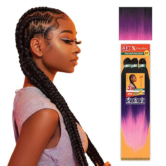 Sensationnel X-pression prestretched braiding hair - 3x braid 58 inch all kanekalon flame retardant synthetic braid for box braids and twists (2 pack, 3T1B/PURPLE/PINK)