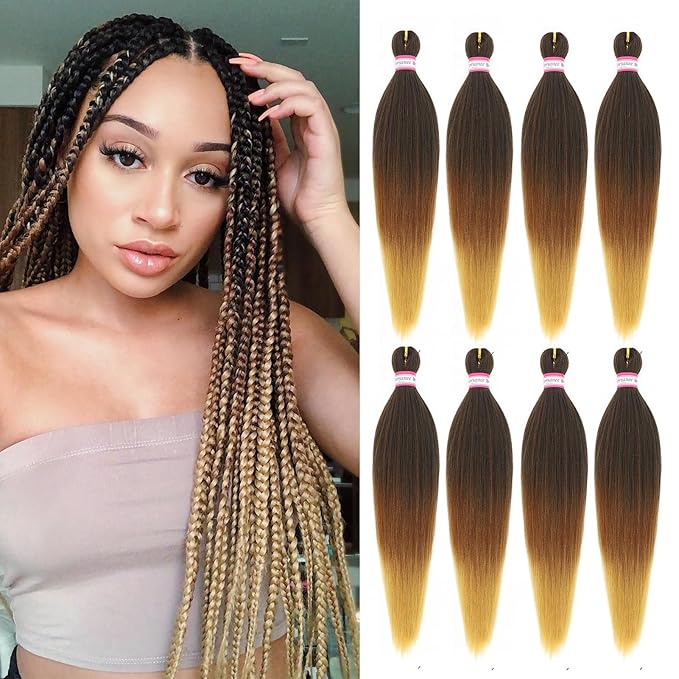 Dorsanee Braiding Hair Pre Stretched 22 Inch 8 Packs Black to Brown Ombre Braiding Hair Extensions for Crochet Box Braids Twists Locs Hair Soft Yaki Texture Hot Water Setting (22inch,#1B/30/27)