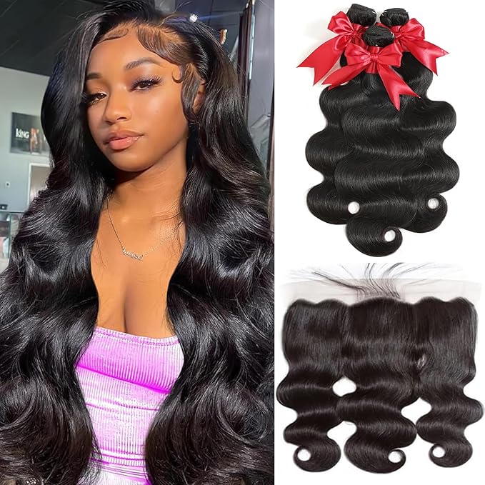 12A Body Wave Bundles with Frontal Human Hair 20 22 24+18 Inch Brazilian Virgin Body Wave Human Hair Weave 3 Bundles with 13x4 HD Lace Frontal Closure
