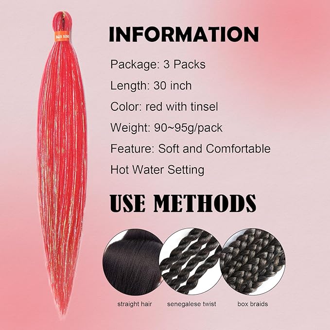 Sparkling Red Pre Stretched Braiding Hair 30 Inch Glitter Box Braid Hair Extensions Shinny 3 Packs Yaki Texture Pre Feathered Festival Braids Hair