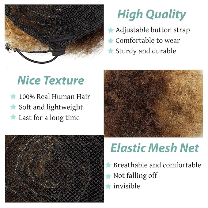 Afro Puff Clip On Human hair Drawstring Ponytail for Black Women,Ponytail Extension 6 Inch #4-27 Medium Brown/Dark Blonde 50g Short Afro Kinkys Curly Afro Bun Extension Hairpiece