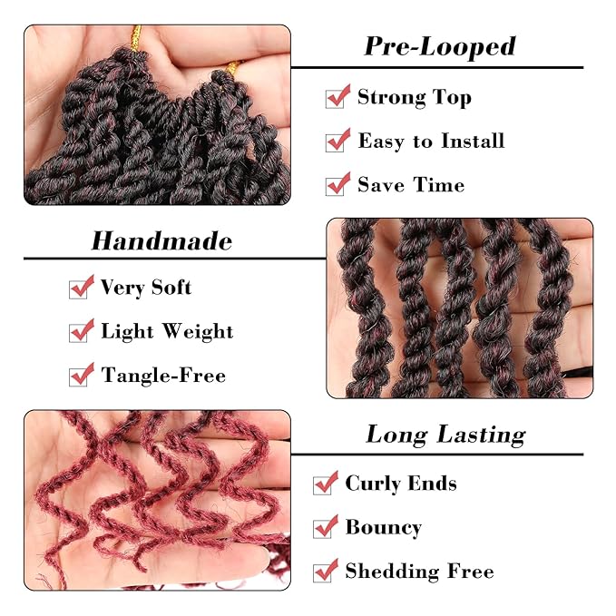 Leeven 12 Inch Burgundy Senegalese Twist with Curly Ends 8 Packs Ombre Red Hanava Twist Crochet Hair Pre Twisted Short Kinky Twsit Pre Looped Synthetic Crochet Braids for Women Kids