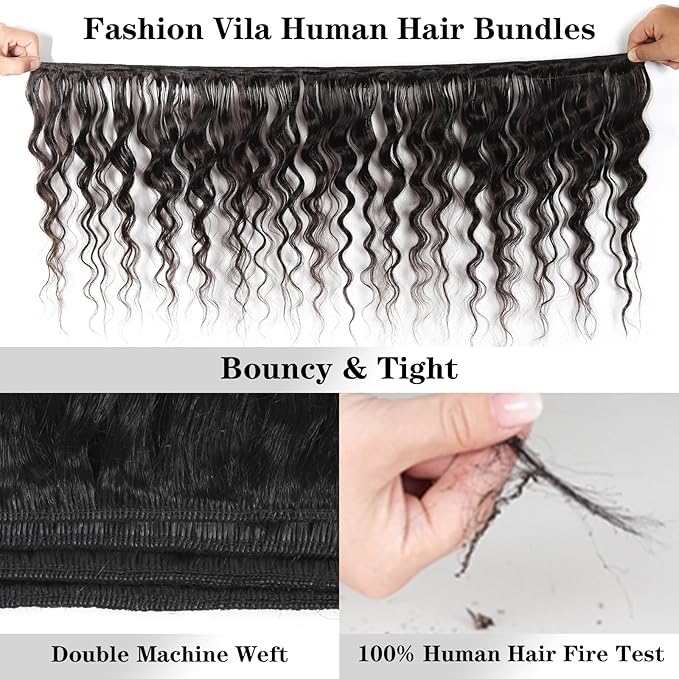 Loose Wave Bundles Human Hair with Closure (16 18 20+14) 12A Brazilian Virgin Human Hair Loose Deep Wave 3 Bundles with 4x4 HD Lace Closure Unprocessed Human Hair Extension Natural Color