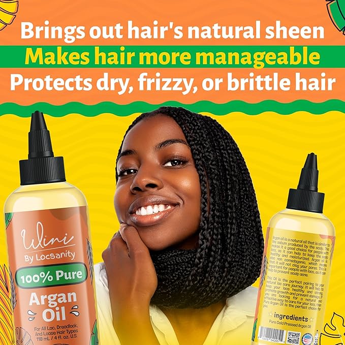Locsanity Wini Pure 100% Cold Pressed Organic Argan Oil for Hair and Body | Non-GMO | Unscented - 4 fl oz: Moisturizing Oil for Hair Growth, Skin Hydration, Nail Care & Frizz Control