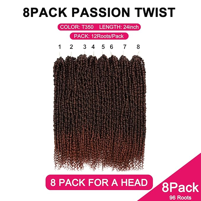 Passion Twist Hair - 8 Packs 24 Inch Passion Twist Crochet Hair For Women, Crochet Pretwisted Curly Hair Passion Twists Synthetic Braiding Hair Extensions (24 Inch 8 Packs, T350)