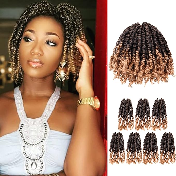 Super Short Passion Twist Crochet Hair for Black Women and Kids-6 Inch 7 Packs Ombre Blonde Pre Looped Pre-twisted Passion Twist Hair,Bob Spring Kinky Twist Bohemian Curl(6"-7P,T27)