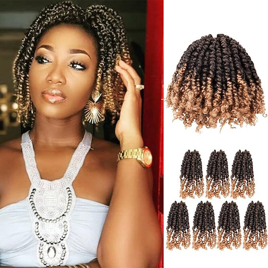Super Short Passion Twist Crochet Hair for Black Women and Kids-6 Inch 7 Packs Ombre Blonde Pre Looped Pre-twisted Passion Twist Hair,Bob Spring Kinky Twist Bohemian Curl(6"-7P,T27)