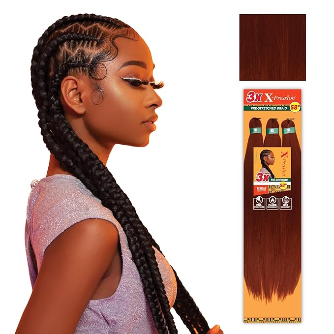 Sensationnel X-pression prestretched braiding hair - 3x braid 58 inch all kanekalon flame retardant synthetic braid for box braids and twists (3 pack, 350 COPPERRED)