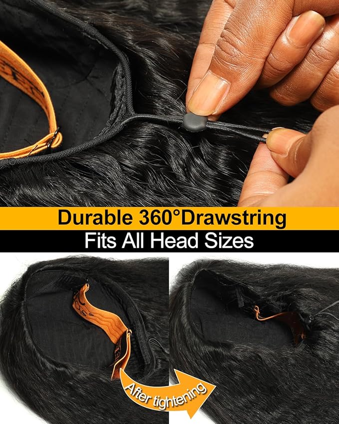 BEEOS Half Wig Human Hair Kinky Straight, 3 In 1 Drawstring Wear Go Glueless Wigs 180% Density, Non-Slip Seamless Flip Beginner Friendly 18 Inch