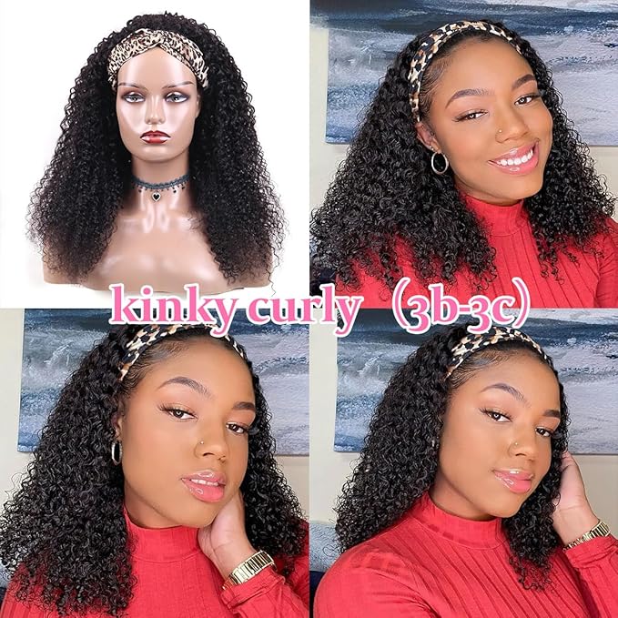 Smoothair Headband Wig Human Hair Kinky Curly Headband Wigs for Black Women Human Hair Wigs Glueless 16 Inch None Lace Front Wigs 150% Density (No Mixed)