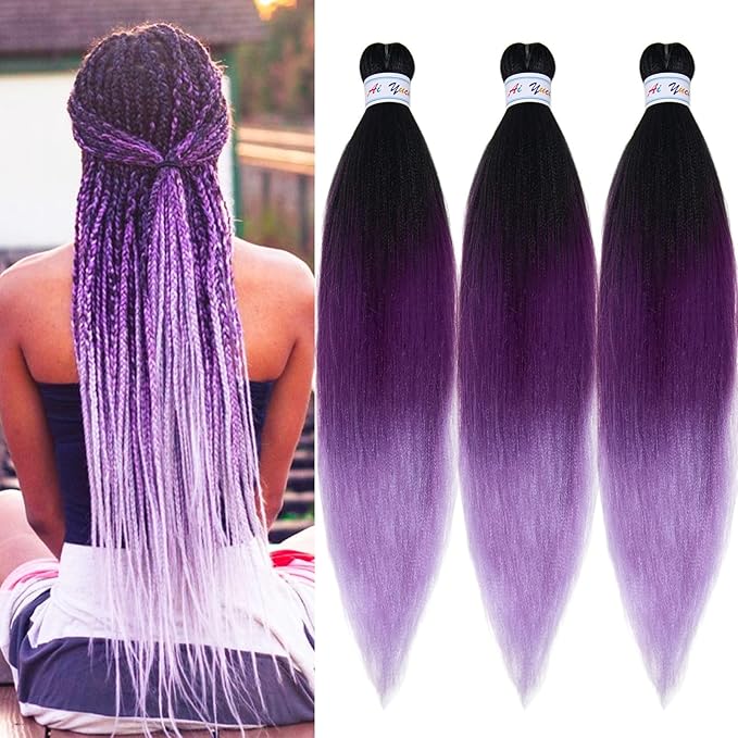 Purple Ombre Braiding Hair Pre Stretched Colored Hair Extensions for Braiding Micro Box Braids Prestretched Pre Stretched Braids Hair Ombre 26 inch 3 Packs