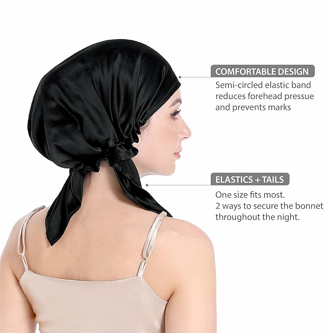 SissiLita 100% Silk Bonnet for Sleeping With Tie Band, Large Sleep Cap for Curly Hair, Wrap for Hair Care - Rich Black